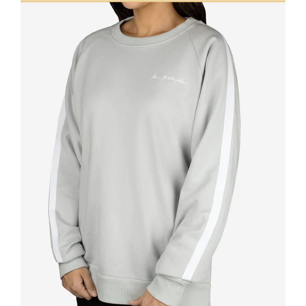 LOVE YOUR MELON‎ Gray Spellout Graphic Sweatshirt Striped Fleece Crewneck Medium